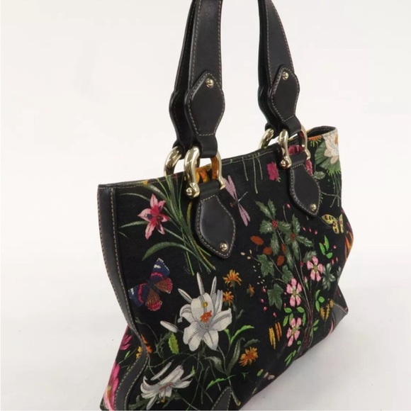 Authentic GUCCI Flora BLACK Canvas Leather Tote Bag - Picture 4 of 8